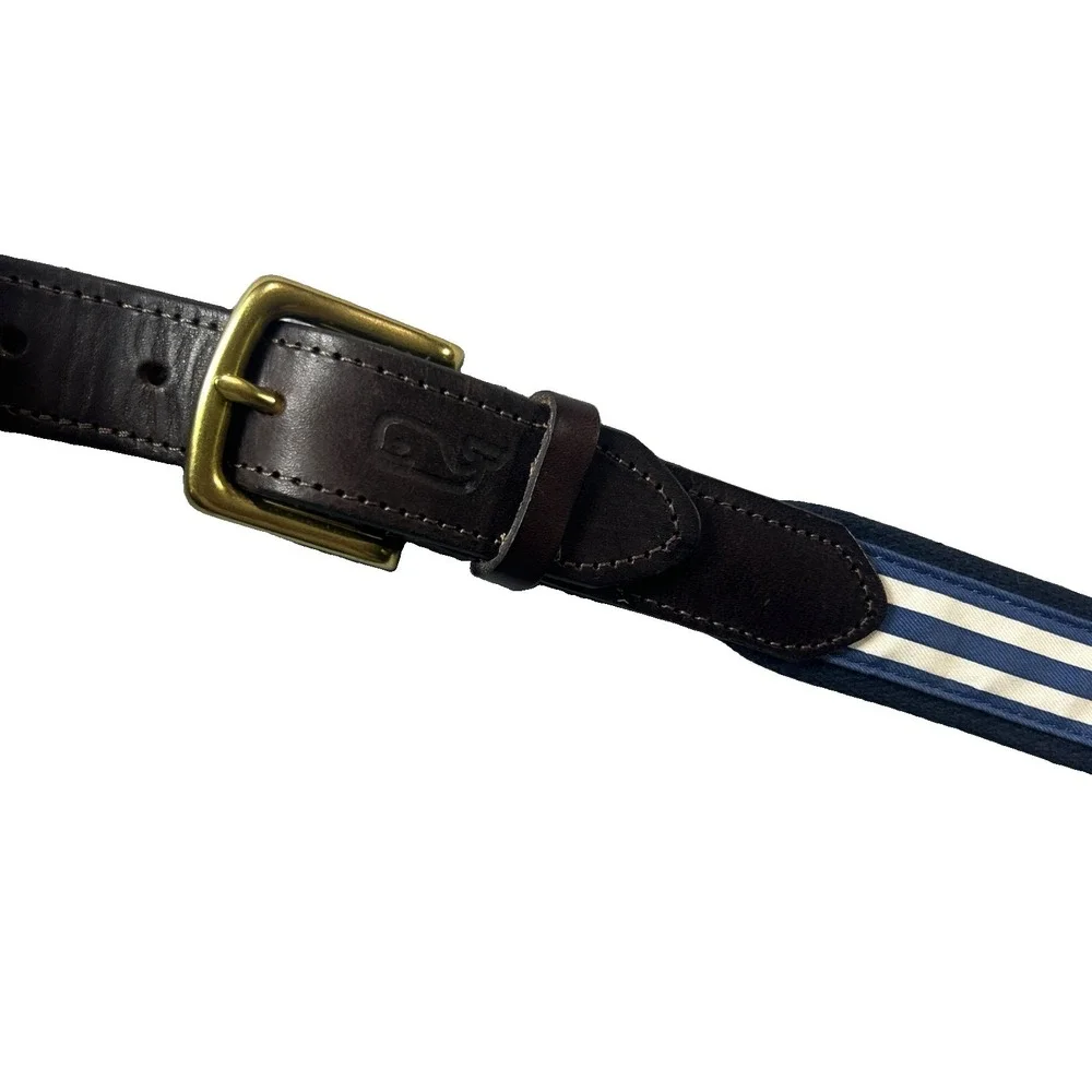 Vineyard Vines Belt Mens 38 Ribbon Canvas Navy Blue White Stripes Brass Buckle